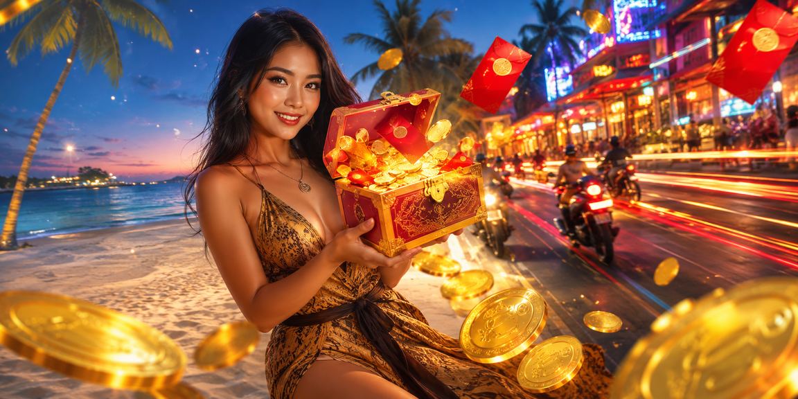 Amplop merah berisi bonus spesial di tepi pantai menggambarkan hadiah eksklusif platform