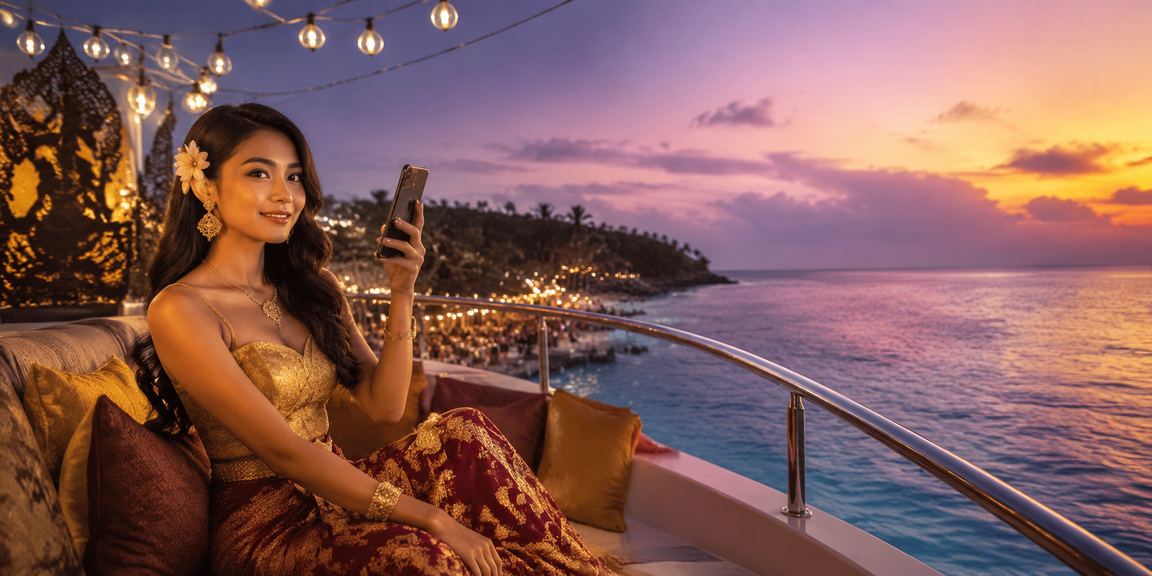 Pemain menggunakan aplikasi kasino mobile hubtoto di pantai tropis